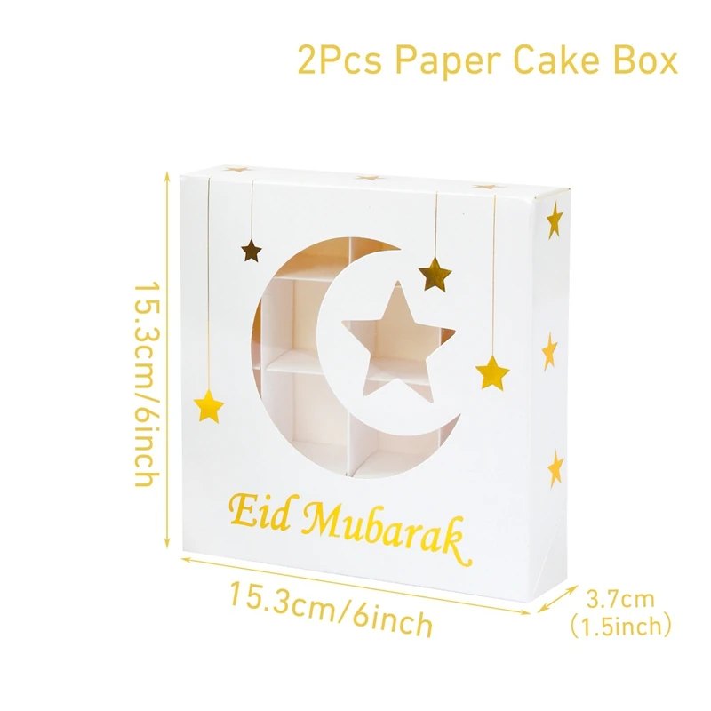 2Pcs Eid Mubarak Cake Boxes with Clear Window, Ramadan Kareem Transparent Candy and Chocolate Packaging Containers, Islamic Muslim Party Supplies for Home Decor, Dessert and Gift Presentation 19