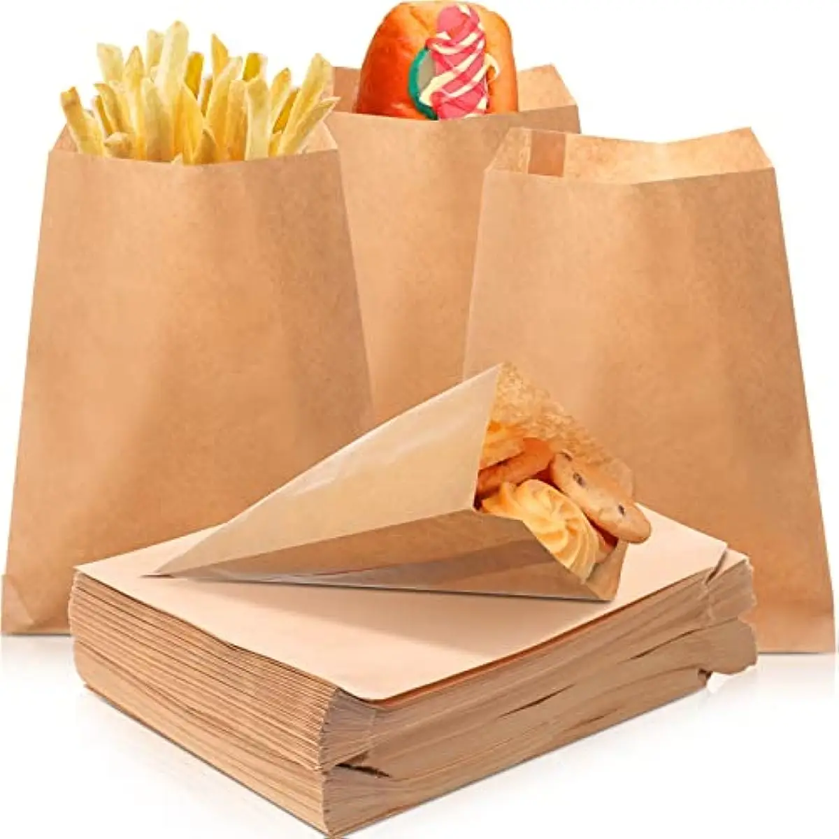 100pcs 5x7 Inches Grease-Resistant Brown Paper Treat Bags, Flat Greaseproof Snack Bags for Cookies, Candy, Sandwiches, Popcorn, Doughnuts, Pastry, and Party Favor Packaging