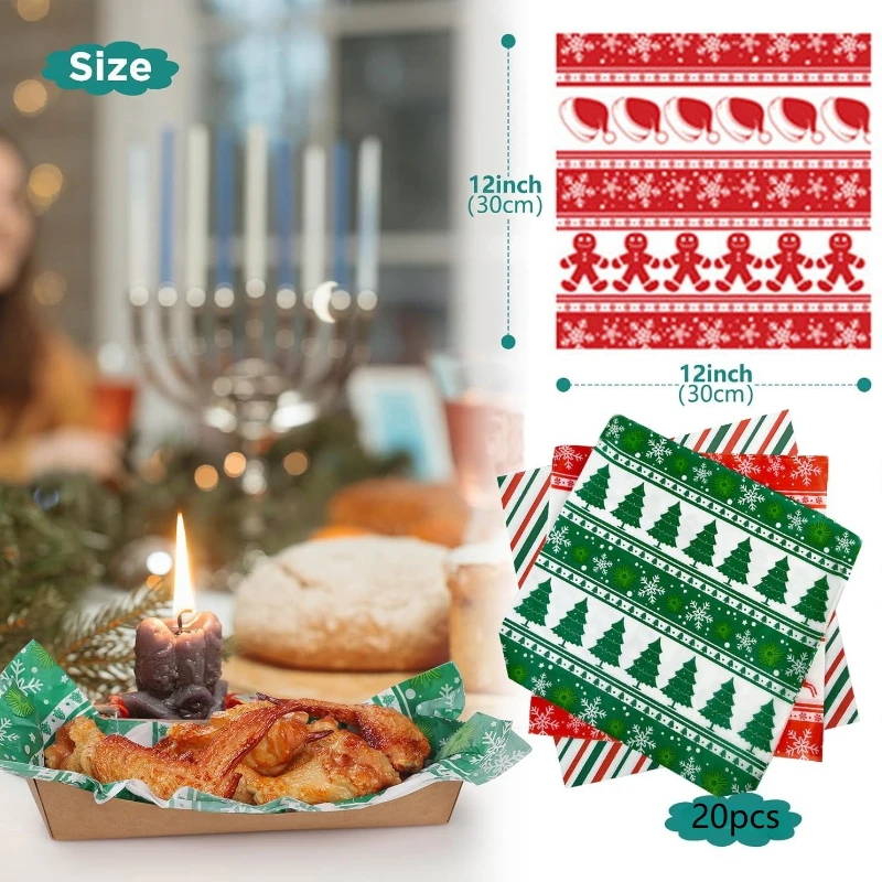 20pcs Christmas-Themed Greaseproof Deli Paper Sheets for Sandwiches, Burgers, Fries, and Snacks – Food-Grade Eco-Friendly Basket Liners for Holiday Parties, Baking, and Festive Food Presentation 2