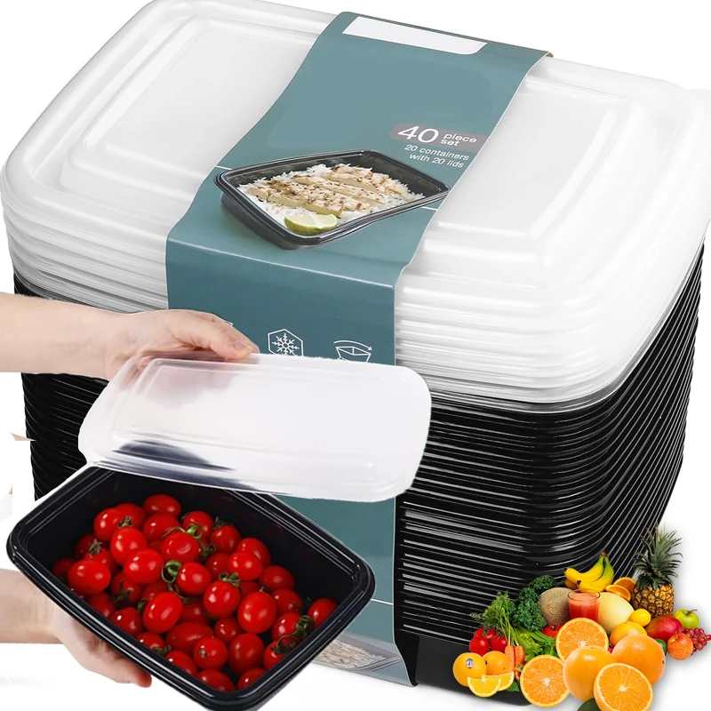 10/20Pcs Disposable Plastic Lunch Box with Lid, Black Food Containers for Fruits, Vegetables, Salads, Sandwiches, Meal Prep, Takeout Kitchen Storage Bento Box Microwave Safe