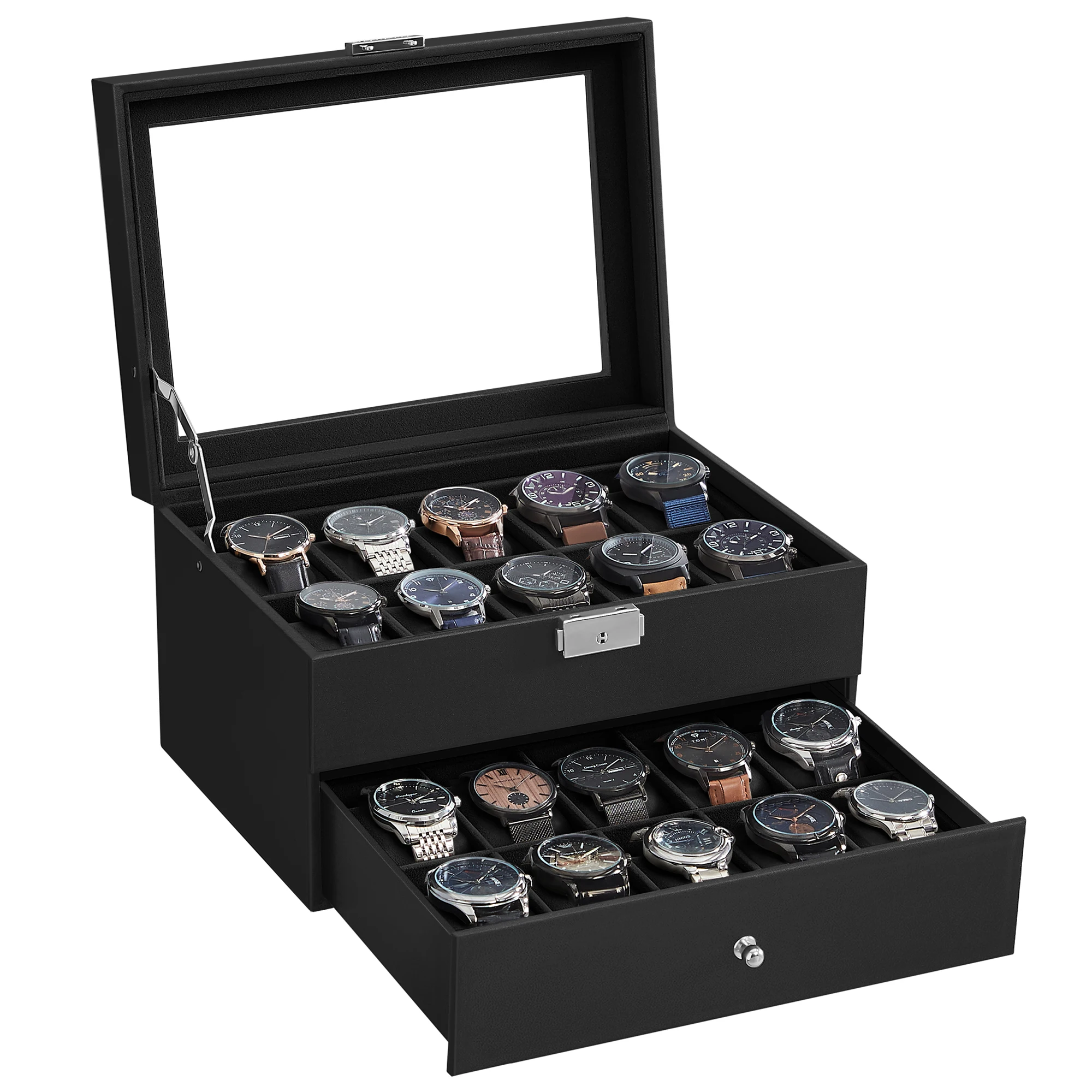 20-Slot Two-Layer Watch Box with Lockable Glass Lid, Velvet-Lined Watch Display Case, Removable Cushions, Medium Density Fiberboard & PU Storage Organizer for Watches and Jewelry, Elegant Home & Office Display - 图片 7