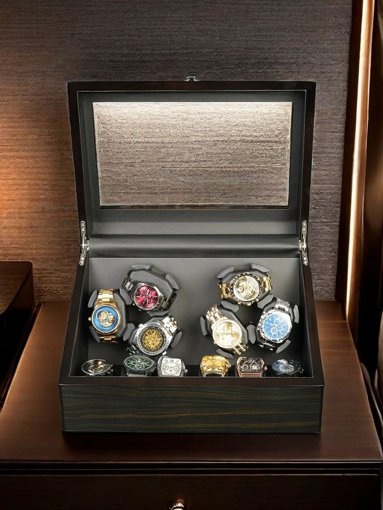 Automatic Wooden Style Watch Winder Box 3+3 / 6+6 Slots with Blue LED Lighting, Quiet Mabuchi Motor, Lid Sensor Stop Function, MDF + PU Leather Organizer Case for Mechanical Watches, Gift Display Storage - 图片 3