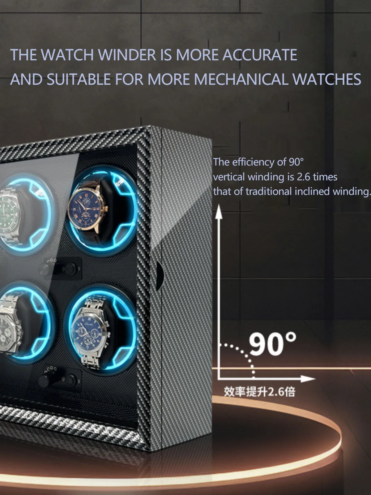 Automatic 4-Slot Watch Winder Box with Blue LED Light, Black Walnut, Red and Carbon Fiber Variants, Soft High-Elastic Memory Foam Pillows, Lid Stop Function, Ultra-Quiet Japanese Motor, USB & AC Powered, Ideal Gift for Luxury Watches 8