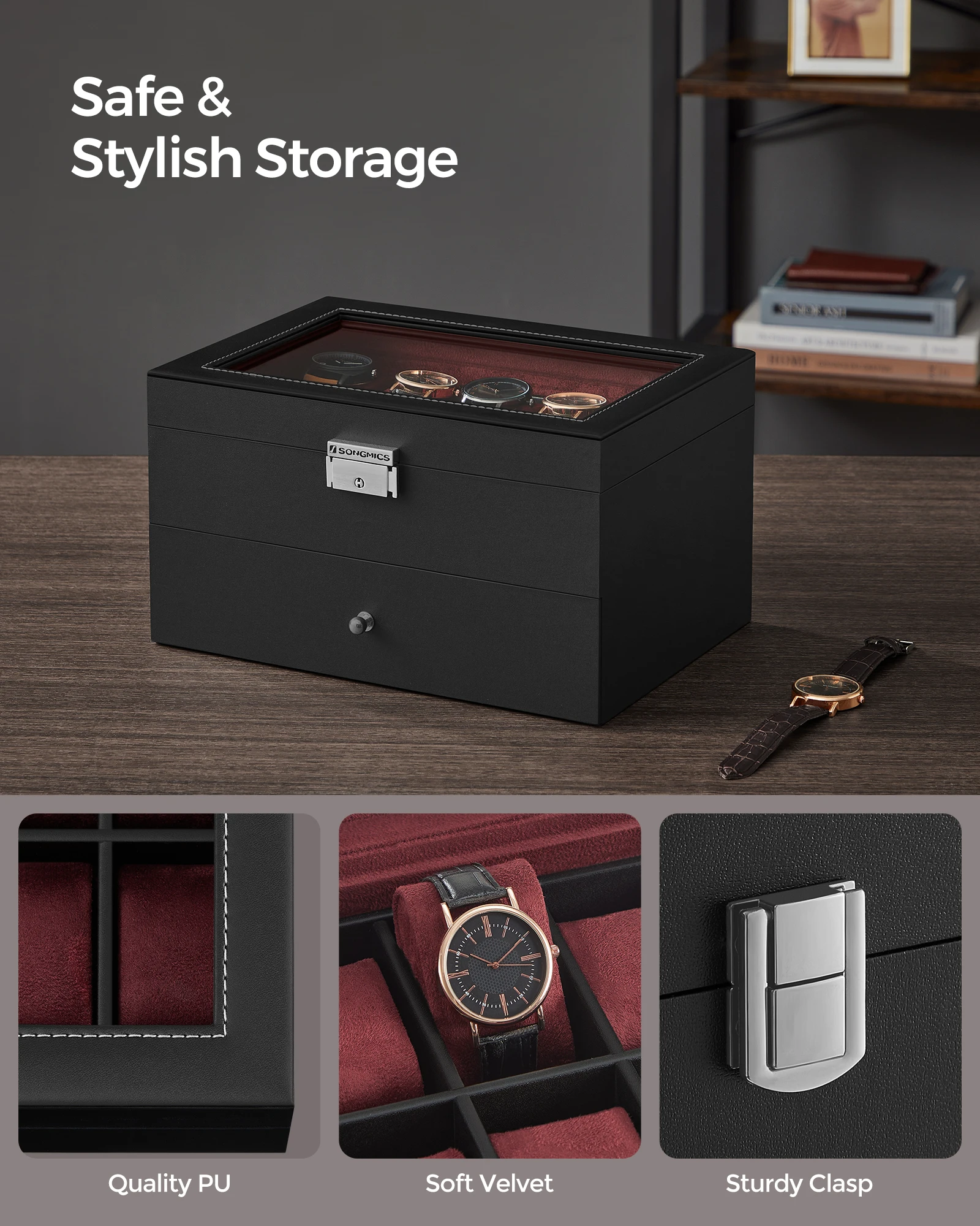 20-Slot Two-Layer Watch Box with Lockable Glass Lid, Velvet-Lined Watch Display Case, Removable Cushions, Medium Density Fiberboard & PU Storage Organizer for Watches and Jewelry, Elegant Home & Office Display 2
