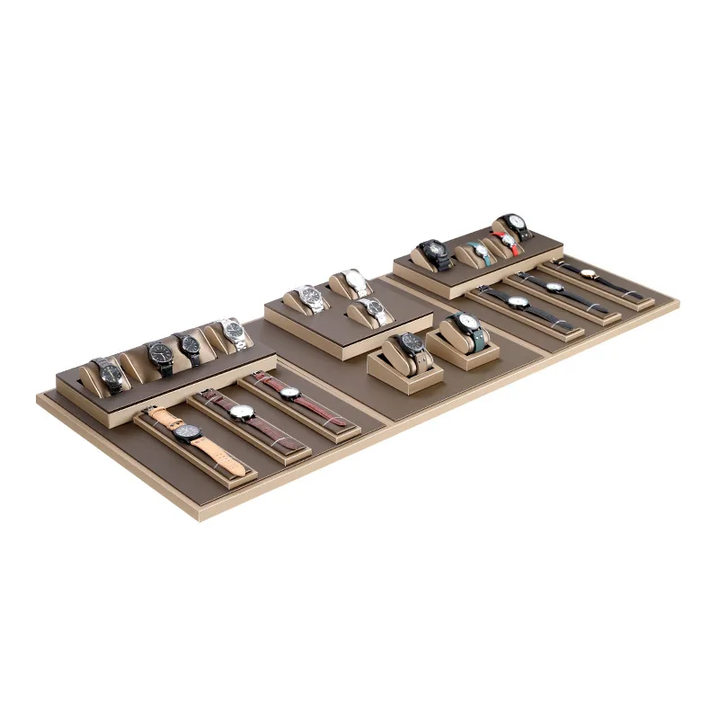 Luxury Brown Leatherette Watch Display Stand Holder – Retail Store Counter and Window Organizer for Watch Presentation, Ramp Base Desk Prop for Jewelry Shop Showcase and Professional Display Use - 图片 6