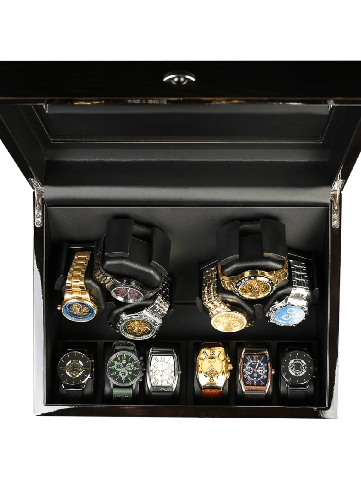 Automatic Wooden Style Watch Winder Box 3+3 / 6+6 Slots with Blue LED Lighting, Quiet Mabuchi Motor, Lid Sensor Stop Function, MDF + PU Leather Organizer Case for Mechanical Watches, Gift Display Storage - 图片 4