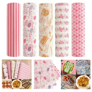 100pcs Colorful Patterned Greaseproof Wax Paper for Food Wrapping – Baking, Sandwich, Hamburger, Snack Basket Liners – Disposable Eco-Friendly Kitchen Packaging Paper for Parties, Cafes & Home Use