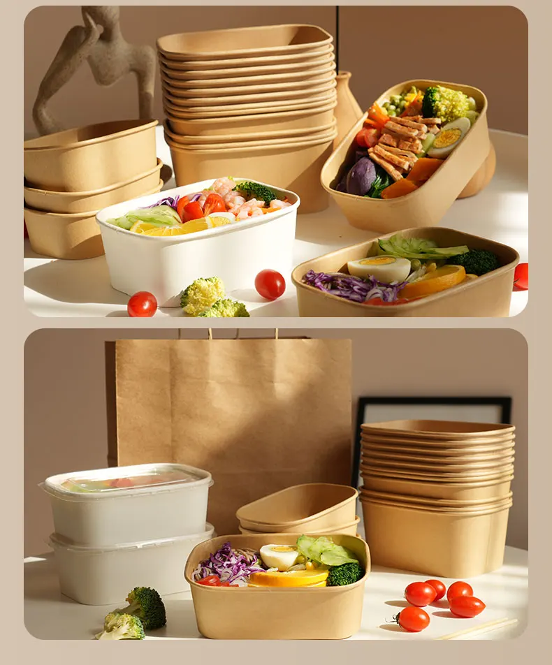 25-Pack Kraft Paper Lunch Box Bowls with Lids Disposable Square Food Containers for Salads Fast Food Bento Meals Takeout Microwave-Safe Food Storage Containers 500ml-1000ml 9
