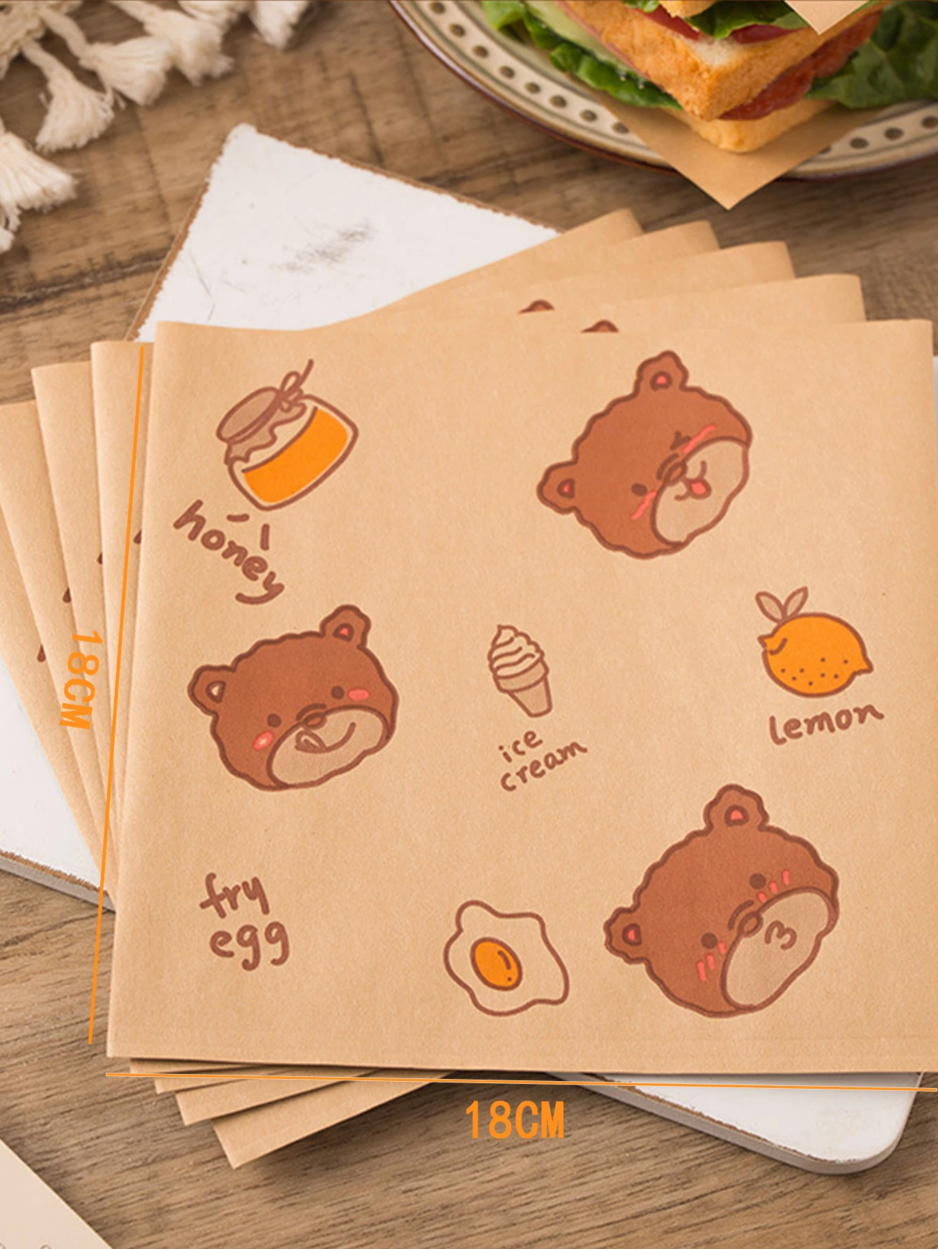 50PCS Grease-Resistant Kraft Paper Food Wrapping Sheets – Oil-Proof Sandwich, Burger, Fries, Toast & Fried Food Liners – Cute Bear Print Party Disposable Paper Mats for Home, Restaurant, Bakery 17
