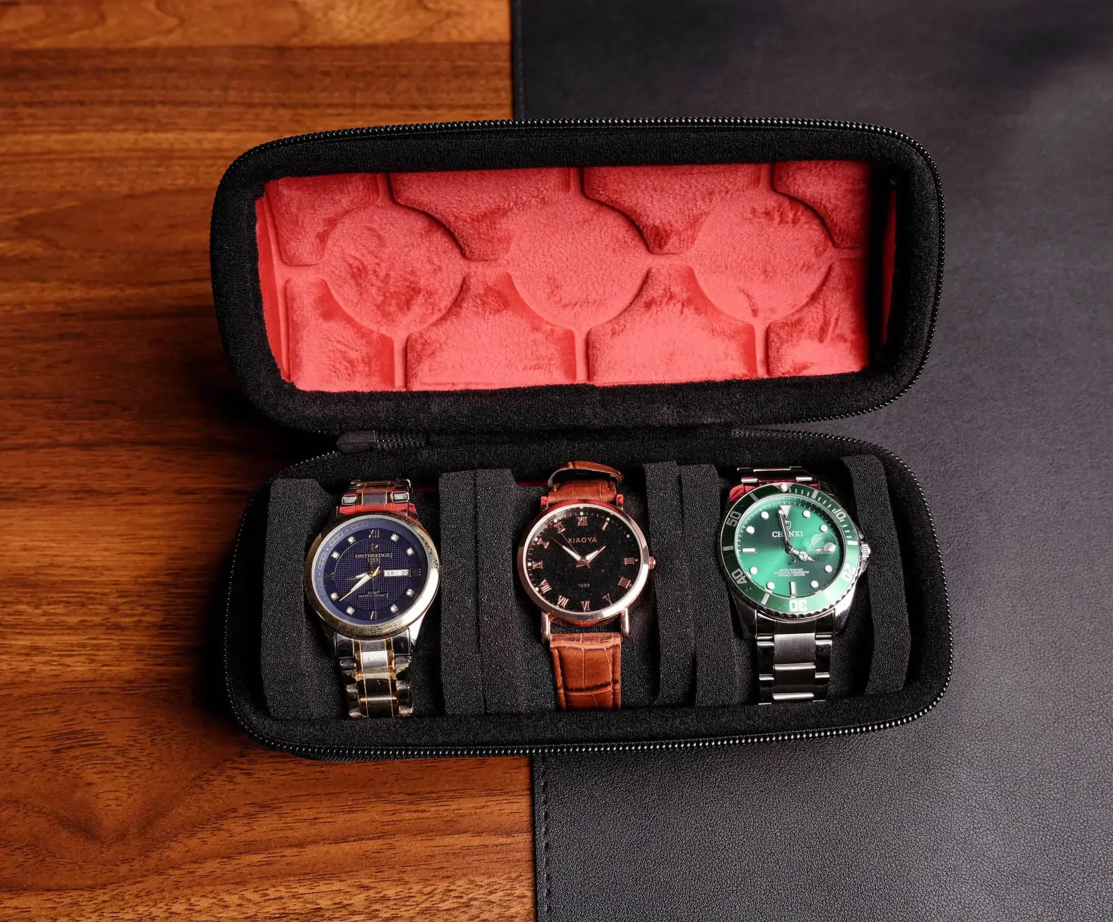 Travel Watch Organizer | Hard Travel Watch Roll Case with Detachable Pillows, 1/2/3/5/6/10 Slot Organizer for Men & Women, Protective Red Microfiber Lining, Elastic Foam Cushion for Watches up to 55mm, Compact Luxury Design for Travel, Gift-Ready Storage Case 4
