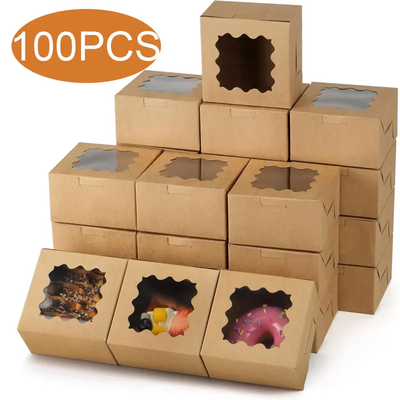 50/100Pcs Kraft Paper Cake Boxes with Clear Window, 4x4x2.5 Inch Cardboard Dessert Containers for Pastries, Macarons, Chocolates, Biscuits, Cookies and Bakery Packaging Supplies - 图片 9