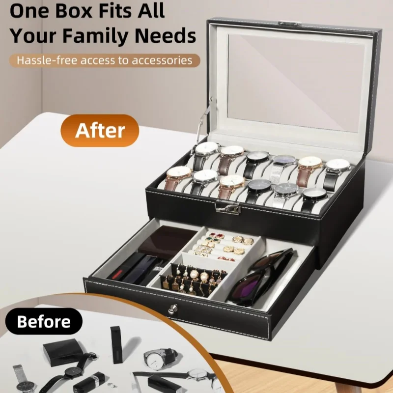 12-Slot PU Leather Lockable Watch Storage Box with Two-Tier Organizer, Secure Jewelry Display Drawer Case for Men and Women Featuring Soft Interior, Elegant Travel and Home Storage Solution for Luxury Accessories - 图片 3