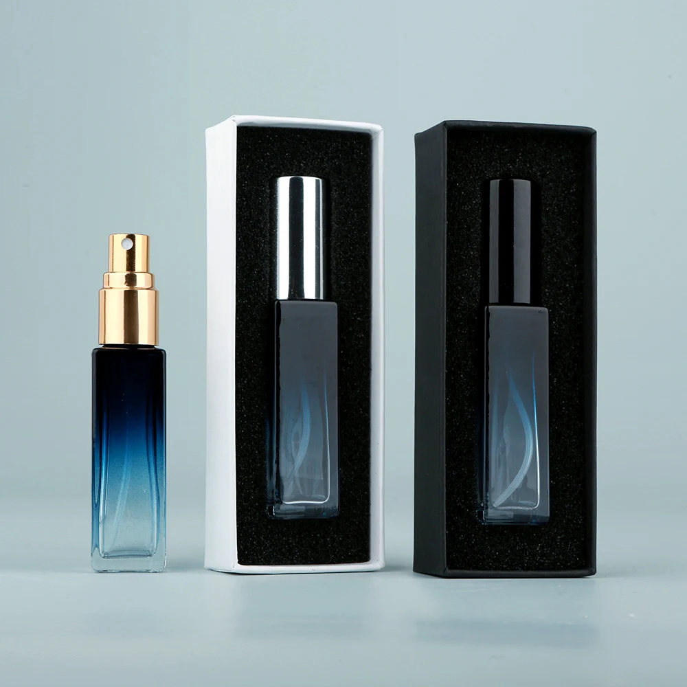 10PCS 10ml Blue Gradient Square Glass Spray Bottles with Box, Refillable Mini Atomizer for Travel, Cosmetic, Essential Oil, Liquid Storage Container, Portable Sample Bottles 1