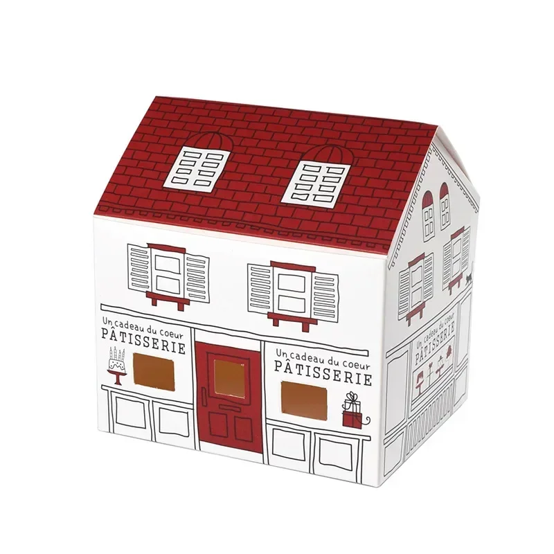 10pcs Cartoon House Shape Candy Box Hand-painted Folding Paper Gift Packaging Box for Birthday Party Baked Biscuits Nougat Candy Wrapping Decorative Favor Boxes with Handle 4