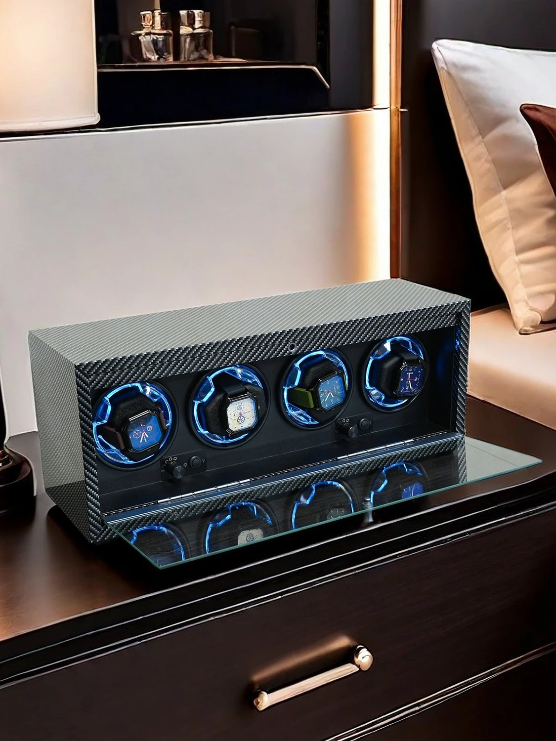 Automatic Watch Winder Box for Luxury Timepieces with 4 Slots, Ultra Quiet Japanese Motor, LED Blue Light, 6 Rotation Modes, Black Walnut Finish, PU Interior, Cover Stop Sensor, AC Adapter and Accessories - 图片 2
