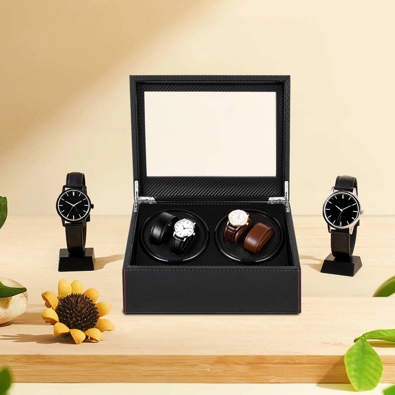 Automatic Watch Winder Display Box with 4+6 Slots for Men and Women, PU Leather Storage Case with Quiet Motor, Rotating Display Tables, Removable Pillows, Dustproof Glass Window, Elegant Luxury Organizer for Mechanical Watches