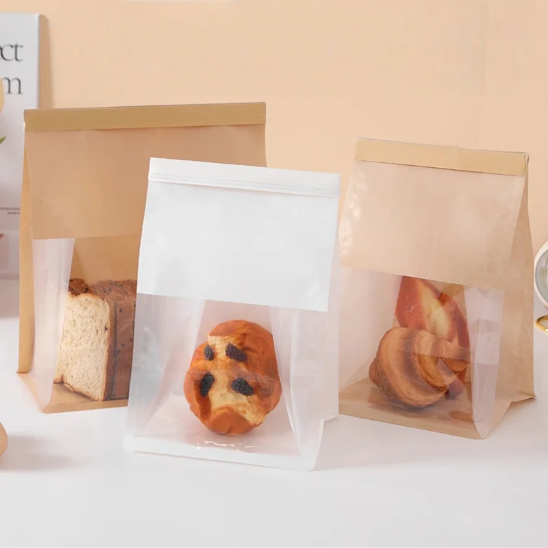 20pcs Kraft Bakery Bags with Clear Window, Reclosable Zipper or Self-Seal Closure, Stand-Up Paper Bags for Bread, Cookies, Pastries, Candy, Café Takeout, Home Baking, Party Packaging