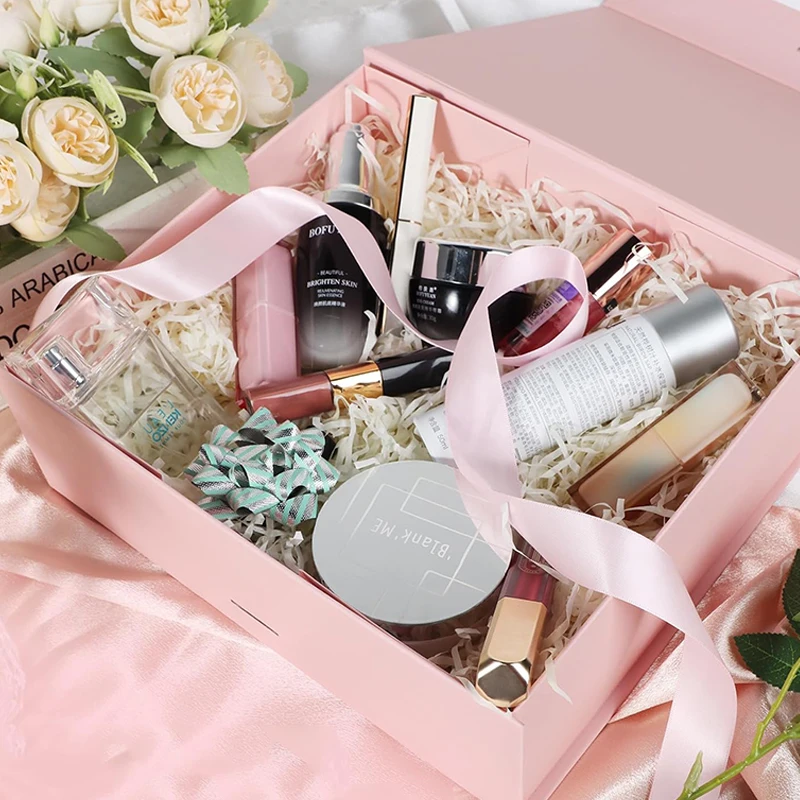 Magnetic Gift Box Kit with Lafite Grass and Greeting Cards, Black and Pink Luxury Folding Gift Box with Lid, Collapsible Paperboard Packaging for Valentine’s Day, Holiday Party, Birthday, Wedding, Anniversary 2