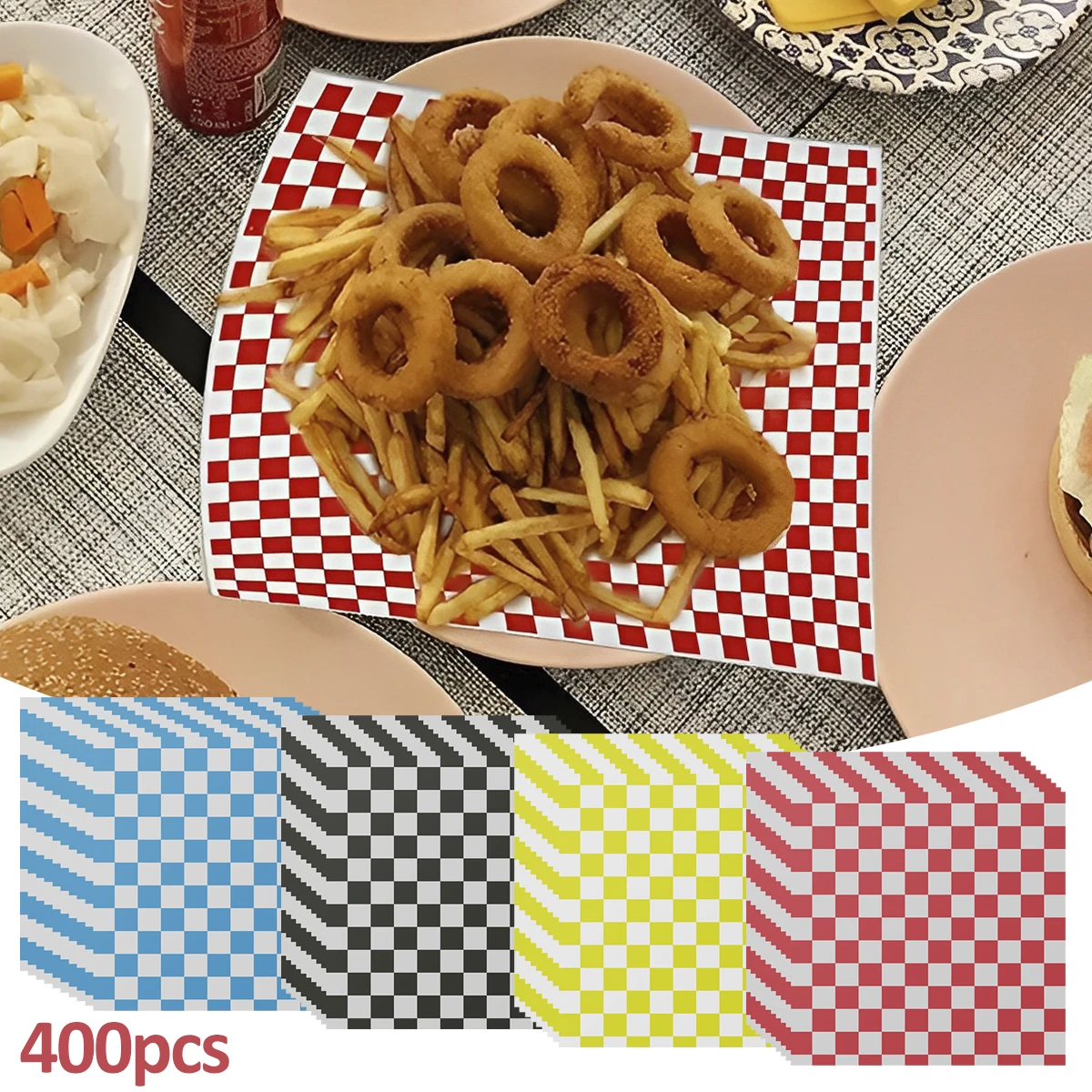 400-Pack Food-Grade Greaseproof Paper Sheets for Sandwiches, Burgers, Fries, & Snacks, Checkered Design, Microwave & Freezer Safe, Bulk Disposable Liners for Catering, Party, Restaurant Use