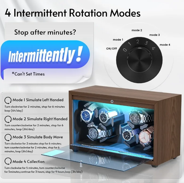 Automatic 6-Slot Watch Winder Box with Blue LED Light, Black Walnut Finish, Soft Memory Foam Pillows, Lid Sensor, Six Rotation Modes, Super Quiet Japanese Motor, PU Interior, AC Adapter Included, Ideal Gift for Luxury Watches - 图片 3