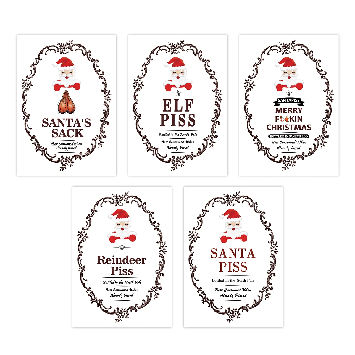 5-Pack Funny Santa Claus Christmas Wine Bottle Stickers – Self-Adhesive Holiday Wine Labels with Novelty Joke for Party Decor, Gifts, and Festive Celebration 2