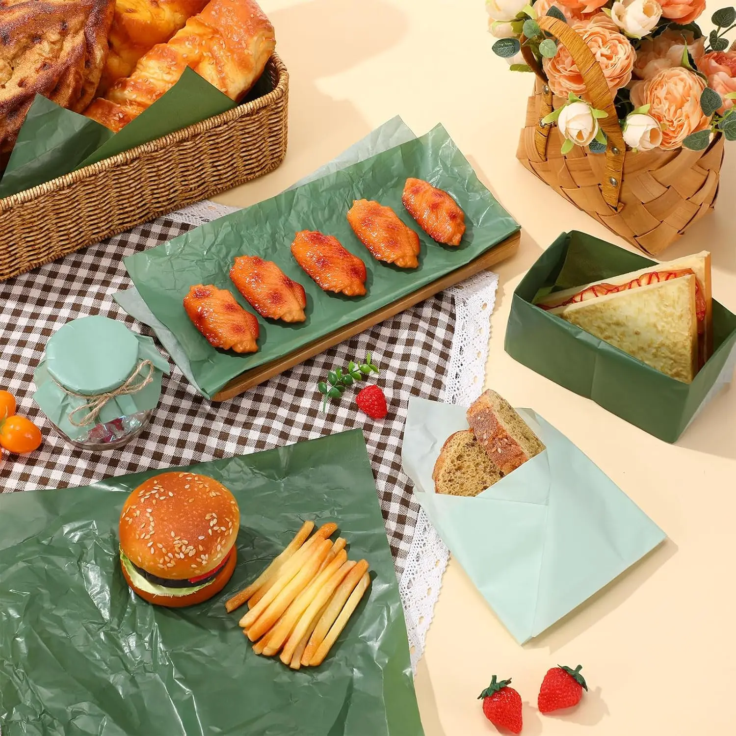 400 Sheets Sage Green Wax Paper – Gradient Green Greaseproof Deli Wrapping Sheets, Oil-Proof Waterproof Food Wrap for Sandwiches, Burgers, Cookies, Bread, Party Baking 11.8x11.8 Inch - 图片 5