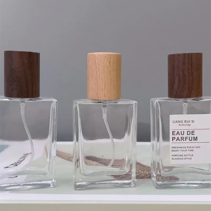 10pcs Refillable Square Glass Perfume Bottles with Wooden Screw Caps – Empty 30ml 50ml 100ml Spray Atomizer Containers for Toner, Cologne, Essential Oils, and Custom Cosmetic Packaging