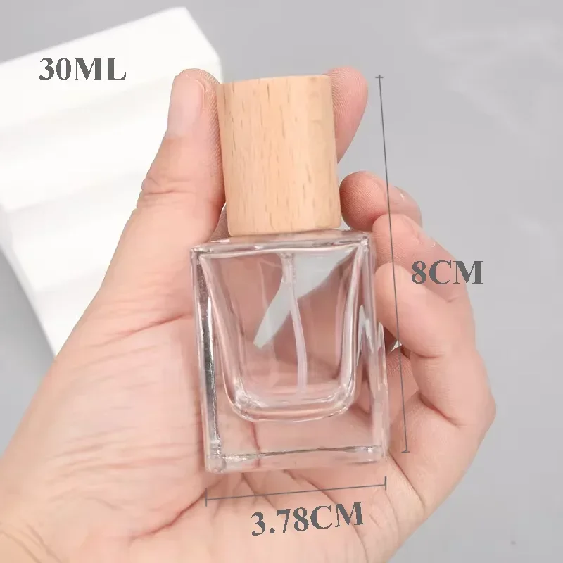 30ml & 50ml Refillable Flat Square Glass Perfume Bottles – Portable Travel Cosmetic Spray Containers with Replacement Wooden Caps, Empty Reusable Fragrance and Essential Oil Storage - 图片 5