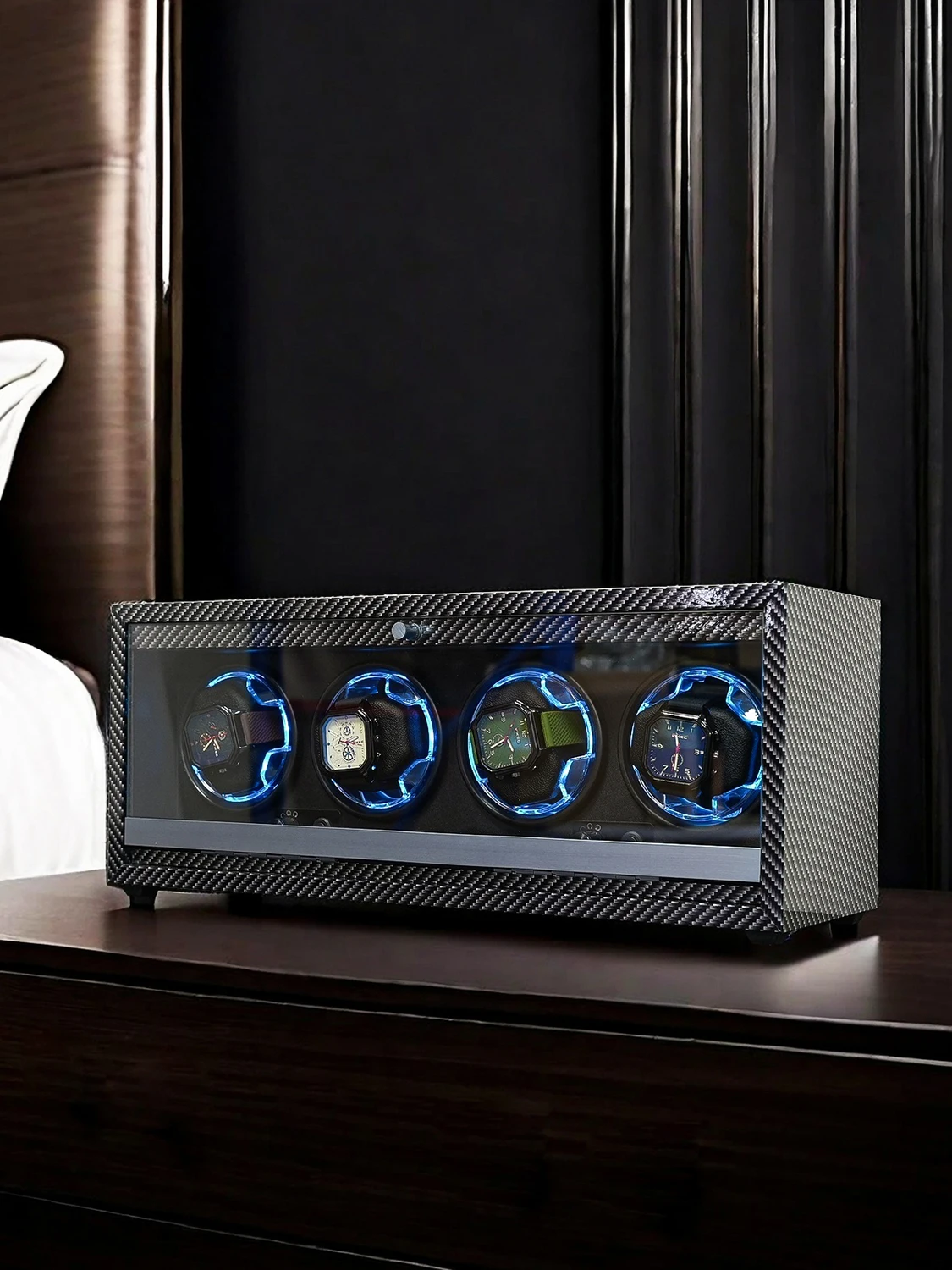 Automatic Watch Winder Box for Luxury Timepieces with 4 Slots, Ultra Quiet Japanese Motor, LED Blue Light, 6 Rotation Modes, Black Walnut Finish, PU Interior, Cover Stop Sensor, AC Adapter and Accessories - 图片 3