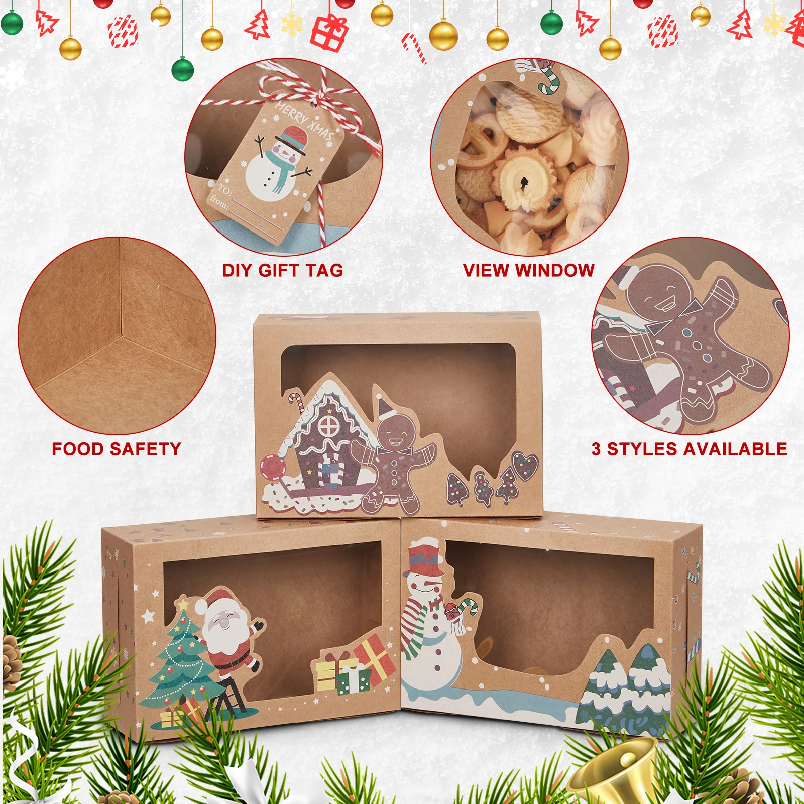 12Pcs Christmas Cookie Boxes with Window, Foldable Kraft Bakery Gift Packaging for Cupcakes, Candy, Pastries, Chocolates, Holiday Treat Boxes with Tags and Red White Twine for Party Favors 4