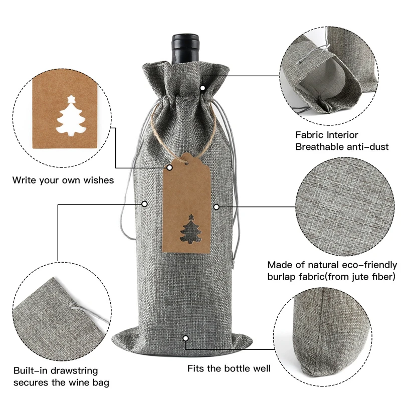 12PCS Burlap Wine Gift Bags with Tags & Jute Rope, Reusable Linen Wine Bottle Covers with Drawstring, Rustic Multicolor Jute Wraps for 750ml Champagne Bottles, Christmas Wedding Birthday Party Packaging 4