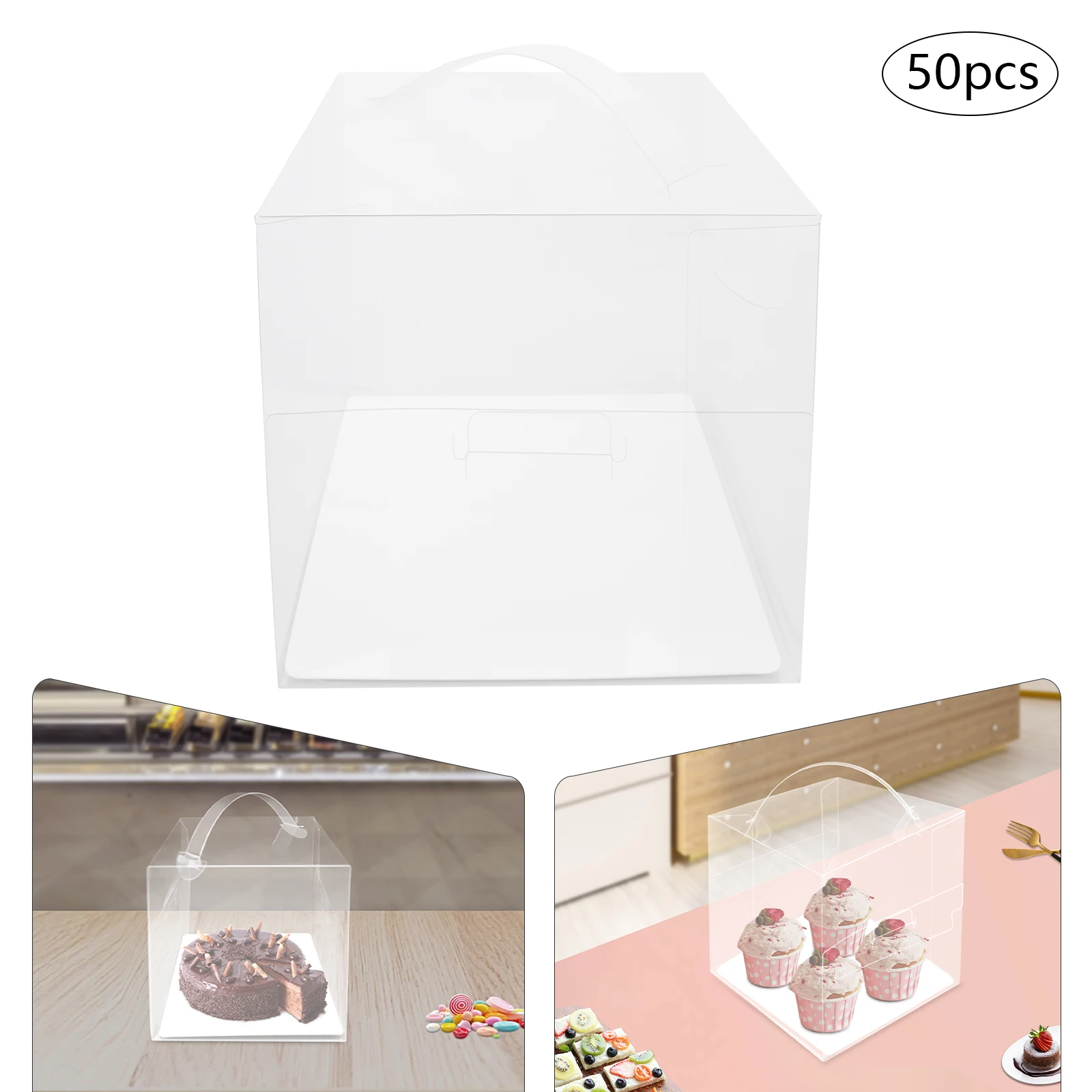 50pcs Clear PET Square Cake Boxes with Handles, 13x13x13cm Assembly Required, Food-Safe Plastic and Cardboard Dessert Packaging, Cupcake and Cookie Containers for Bakery, Birthday, Wedding, Party