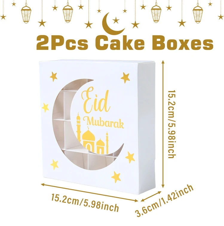 2Pcs Eid Mubarak Cake Boxes with Clear Window, Ramadan Kareem Transparent Candy and Chocolate Packaging Containers, Islamic Muslim Party Supplies for Home Decor, Dessert and Gift Presentation - 图片 7