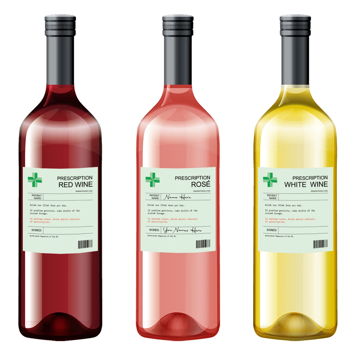 6-Pack Prescription-Themed Wine Bottle Stickers – Funny Christmas & Holiday Vinyl Labels for Birthday, Anniversary, Party Gifts, and Wine Decoration