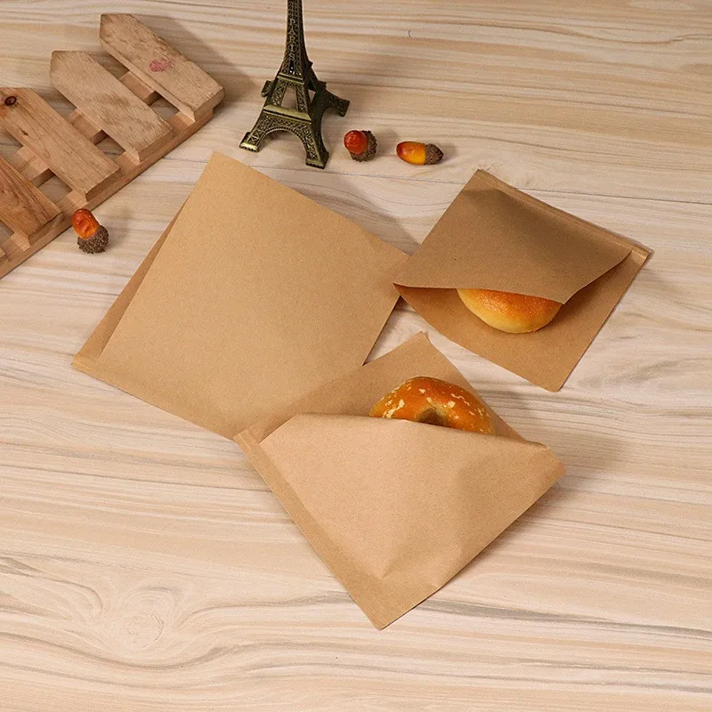 100Pcs Brown Kraft Paper Oil-Proof Food Bags for Takeaway, Sandwiches, Donuts, Fried Chicken, Burgers – Disposable Eco-Friendly Packaging Supplies for Bakery, Cafe, Restaurant & Home Use