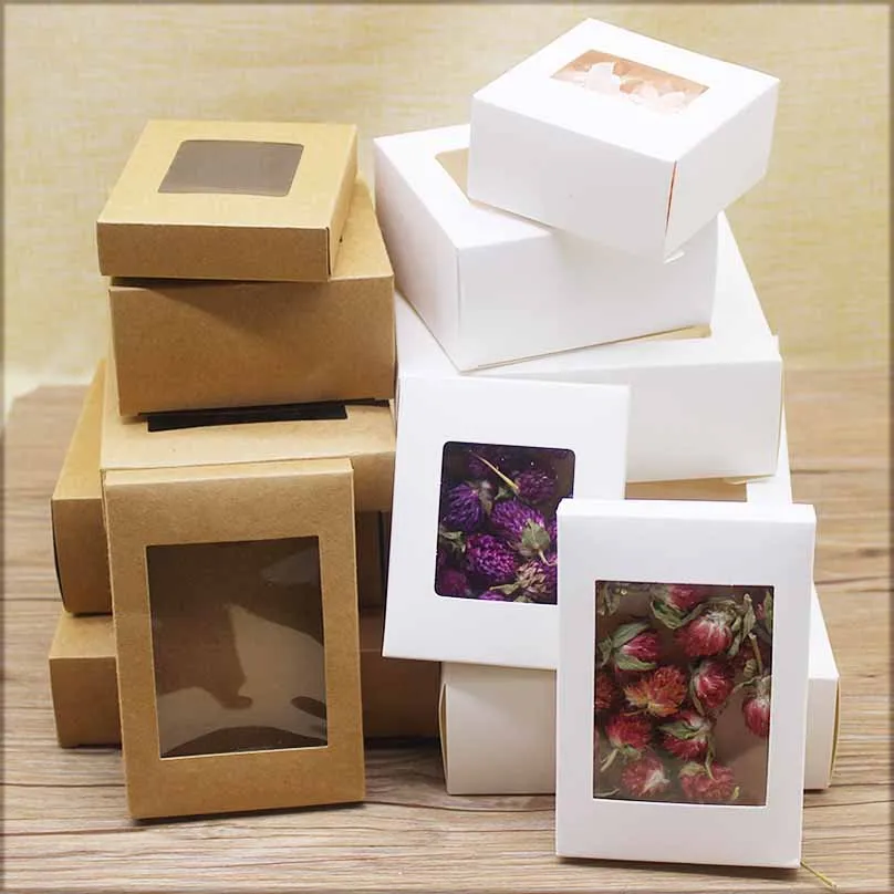 10Pcs Vintage Kraft Paper Gift Boxes with Clear Window, Multi-Size DIY Paper Packaging Containers for Cakes, Muffins, Wedding Favors, Family Gatherings, and Dessert Presentation 5