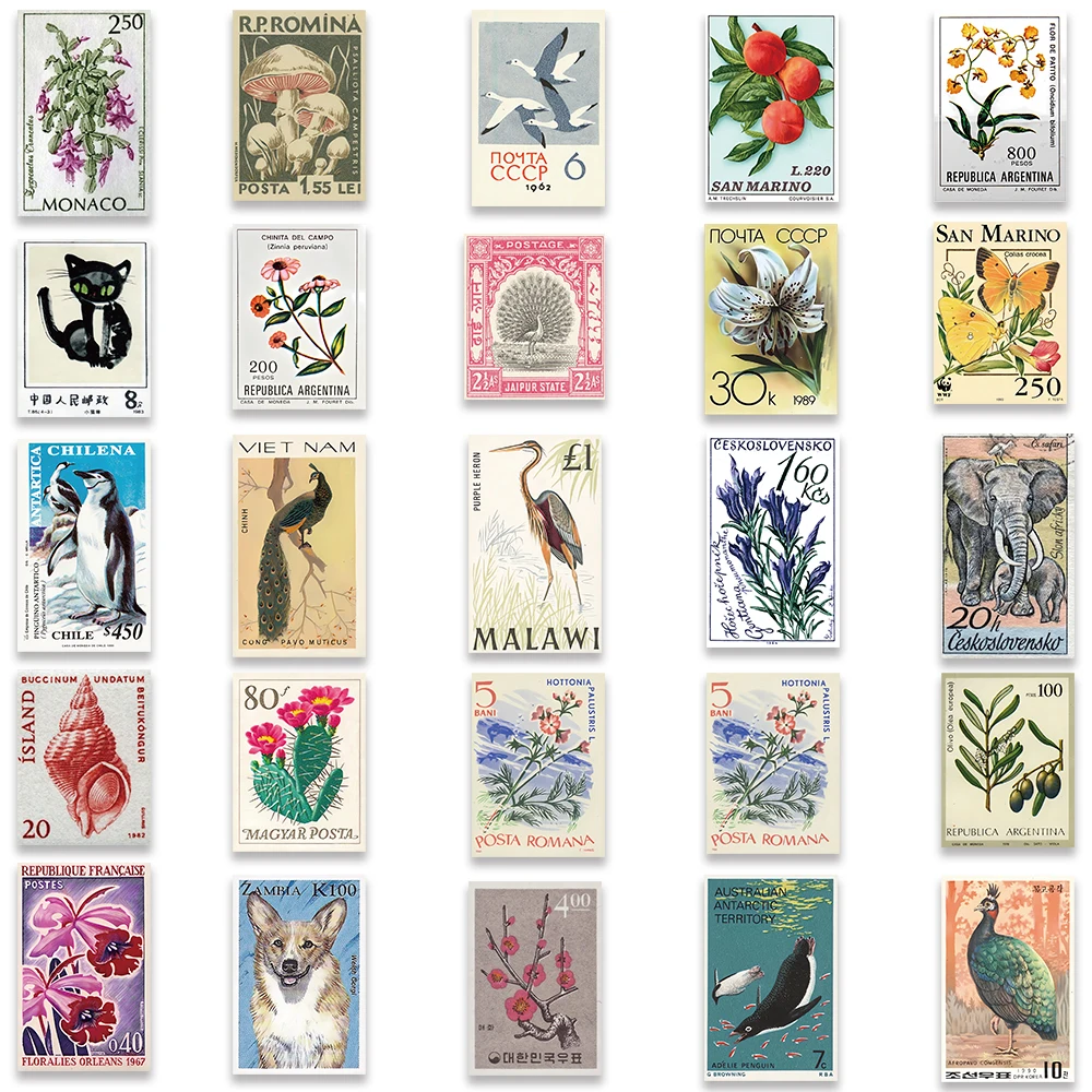 50pcs Vinyl Laptop Decals Aesthetic Retro Cartoon Stamp Style Stickers, Waterproof Graffiti Stickers for Laptop, Water Bottle, Luggage, Skateboard, Car, and DIY Decorative Packaging