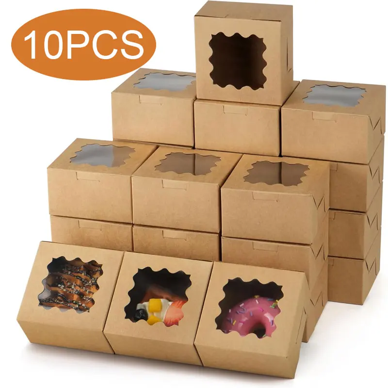 50/100Pcs Kraft Paper Cake Boxes with Clear Window, 4x4x2.5 Inch Cardboard Dessert Containers for Pastries, Macarons, Chocolates, Biscuits, Cookies and Bakery Packaging Supplies 5