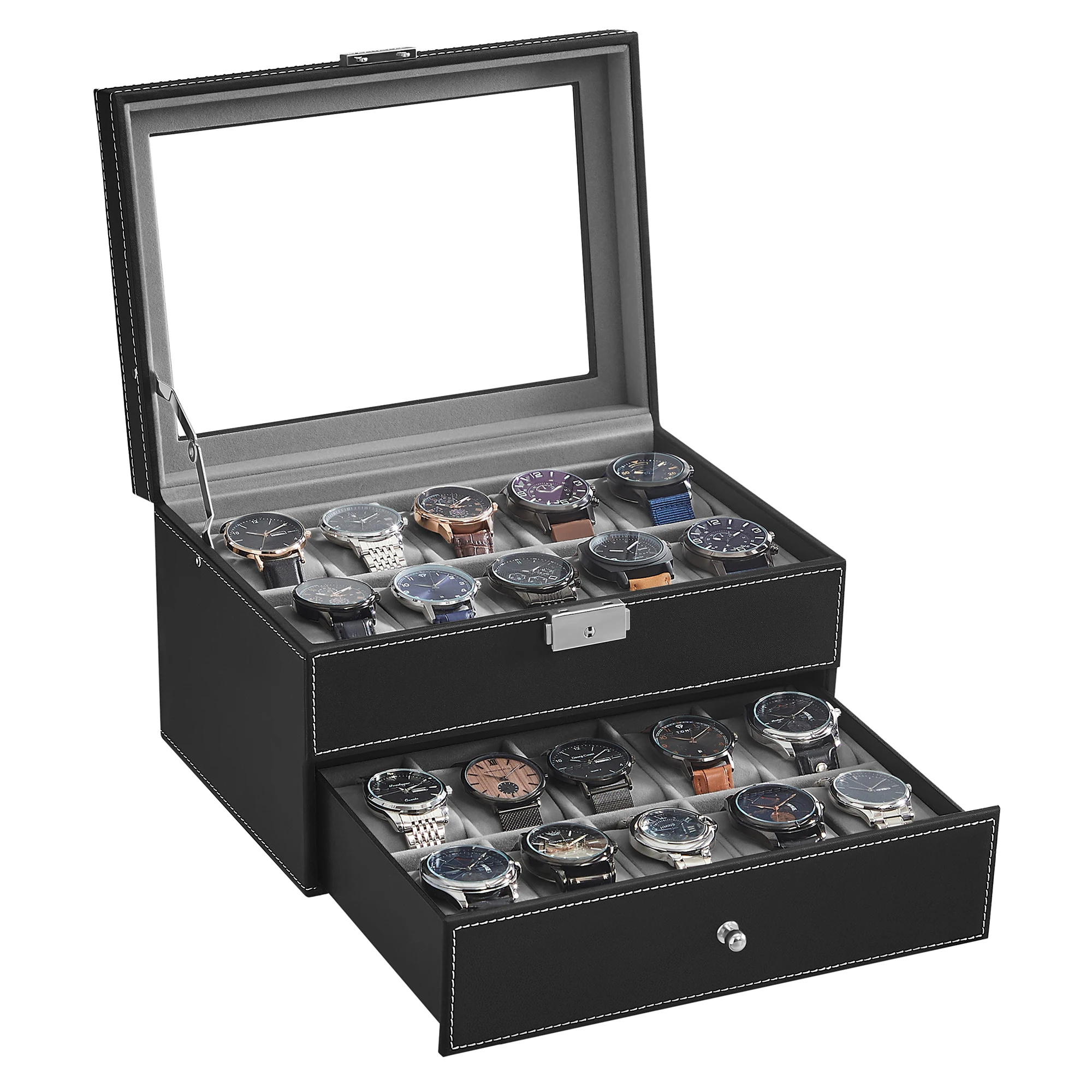 Black Synthetic Leather 20-Slot Watch Box with Glass Lid, Two-Layer Lockable Display Case, Velvet-Lined Organizer for Watches and Jewelry, Medium Density Fiberboard & PU Construction, Elegant Storage for Home & Office