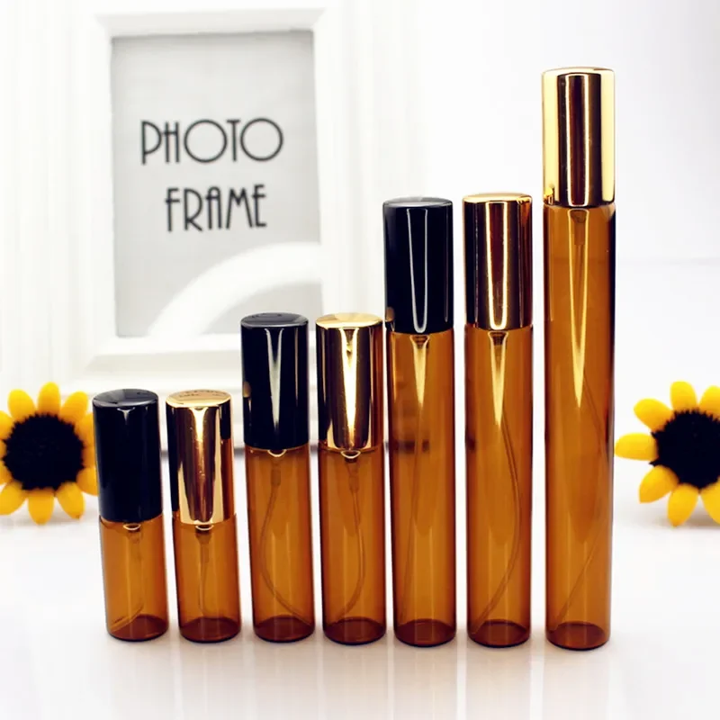 5pcs/lot Amber Glass Mini Spray Bottles, 5ML 10ML 15ML 20ML Portable Refillable Thin Glass Vials with Gold/Silver Cap, Sample Atomizer Containers for Travel, Essential Oils, DIY Liquids