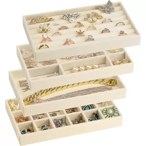 Velvet Jewelry Display Organizer Box Beige | Exquisite Jewellery Holder Tray for Rings Earrings Necklace Storage | Portable Velvet Jewelry Packaging Box for Home & Gift Use
