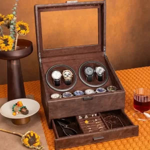 Luxury 4+6 Automatic Watch Winder Box, PU Leather and MDF Jewelry Organizer, Silent Motor Rotation, Multiple Modes, USB-C Power, Elegant Display Case for Mechanical Wristwatches, Men and Women Gift