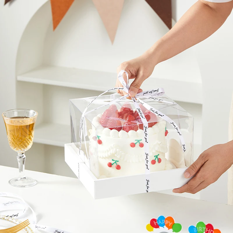 5/10 Pcs Square Transparent Cake Box 4/6 Inch – Clear PVC and White Cardboard Dessert Container for Birthday, Wedding, Christmas, DIY Cakes, Pastry Packaging, Party Treat Storage, Snack & Sushi Organizer 5