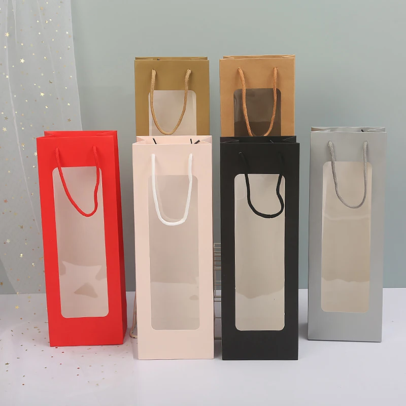 Single Bottle Kraft Paper Wine Gift Bag with Transparent PVC Window, Reusable Rectangular Tote for Flower, Doll or Wine Packaging, Eco-Friendly Paperboard Carry Bag for Parties, Shops, and Gifts