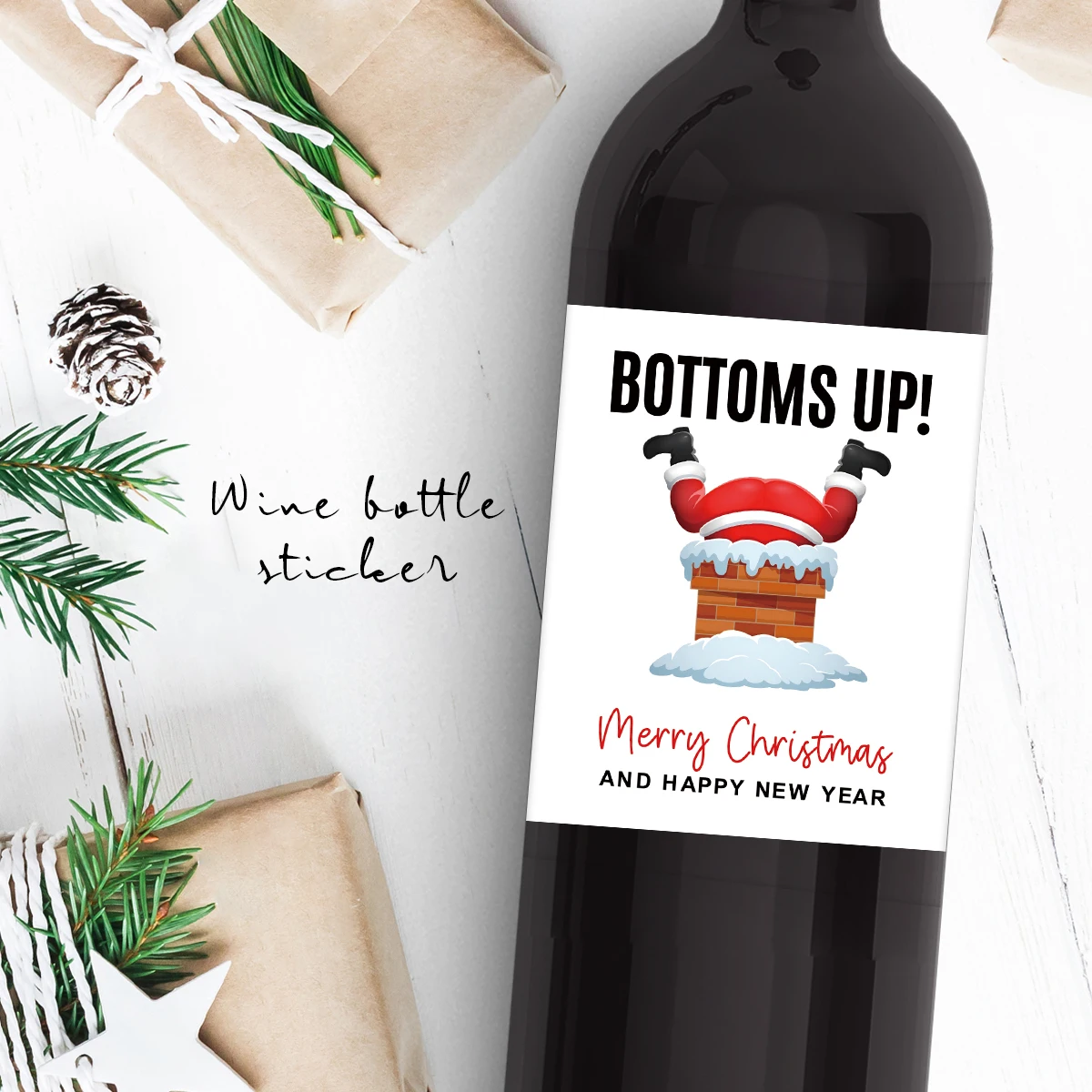 6PCS Christmas Wine Bottle Labels – Waterproof Self-Adhesive Vinyl Stickers with Funny Santa Claus & Holiday Greetings, Perfect for Xmas Party Decorations, Gift Wrapping, New Year Celebration Supplies