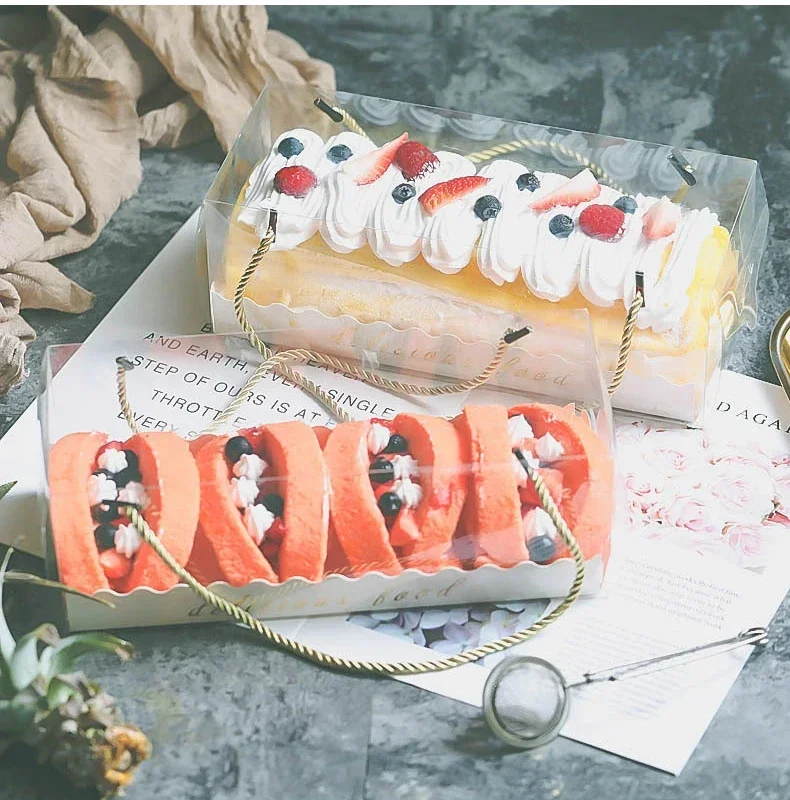 1PCS Transparent Cake Box with Handle, Clear Plastic Portable Cupcake, Swiss Roll, Dessert Container Holder, PET Gift Packaging Box, Long Roll Cake Carrier for Parties, Baking, and Gifting