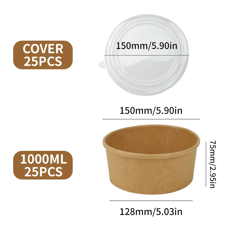 25pcs Kraft Paper Round Bowls Lunch Box Bento Box Food Containers with Lid Disposable Takeaway Soup Salad Noodles Meal Prep Eco-Friendly Food Storage for Picnic Party Travel - 图片 7