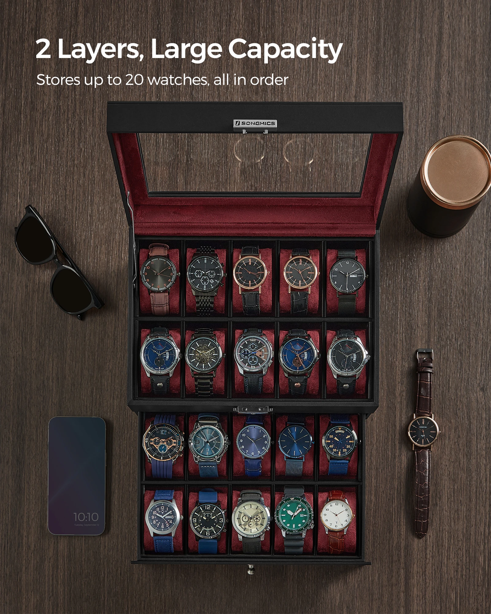 20-Slot Two-Layer Watch Box with Lockable Glass Lid, Velvet-Lined Watch Display Case, Removable Cushions, Medium Density Fiberboard & PU Storage Organizer for Watches and Jewelry, Elegant Home & Office Display - 图片 4