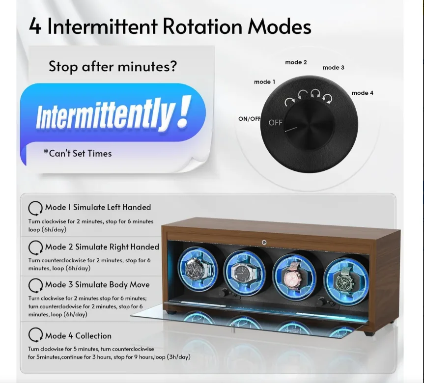 Automatic Watch Winder Box for Luxury Timepieces with 4 Slots, Ultra Quiet Japanese Motor, LED Blue Light, 6 Rotation Modes, Black Walnut Finish, PU Interior, Cover Stop Sensor, AC Adapter and Accessories 6