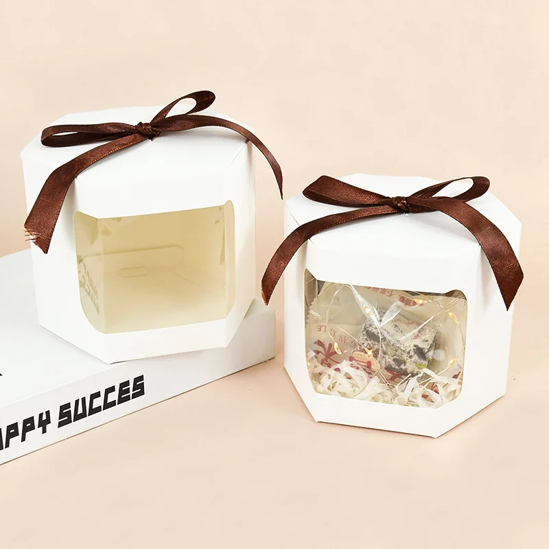 5Pcs Hexagon Kraft Paper Gift Boxes with Transparent Window, Brown and White Dessert Packaging Containers for Baking, Wedding Favors, Candy, Chocolates, and Party Gift Presentation 4